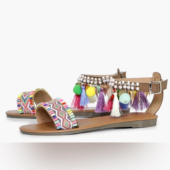 Boohoo Shoes - Boohoo Nancy Pom And Beaded Bohemian Ethnic Style Open Toe Low Wedge Sandals 7